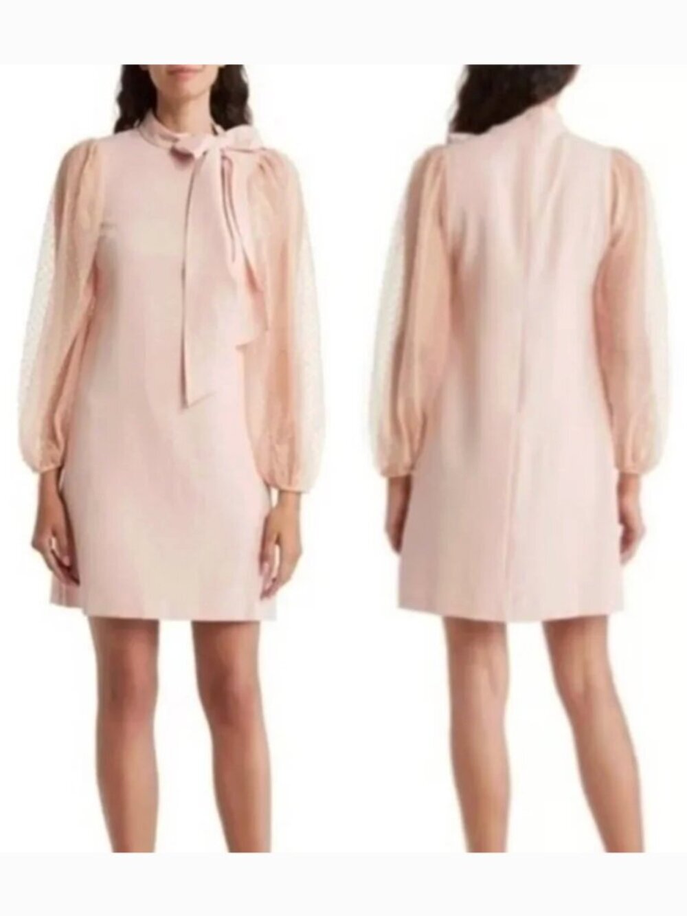 VINCE CAMUTO Mesh Dot Sleeve Knee Length Shift Dress Bow Neck Blush Pink Party
